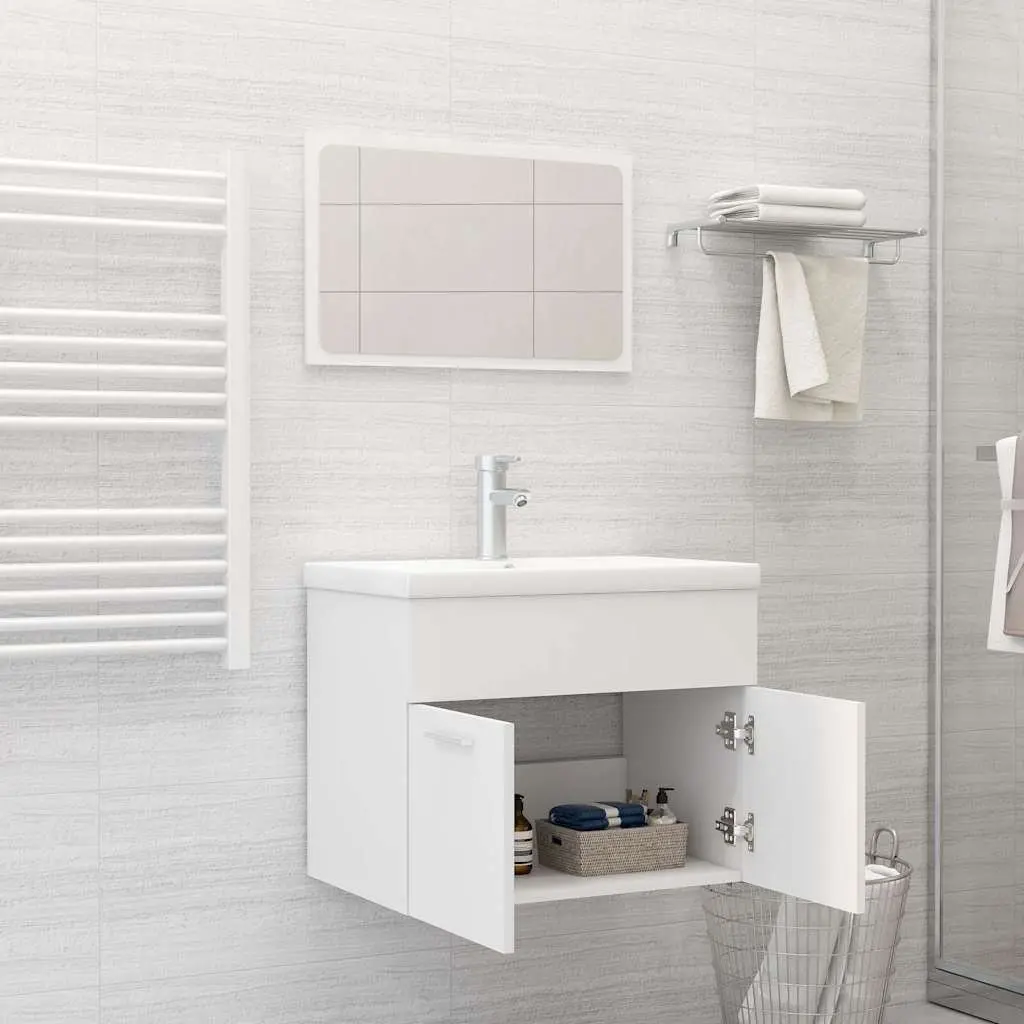 Bathroom Furniture Set 2 Piece Storage Cabinet Mirror White Engineered Wood