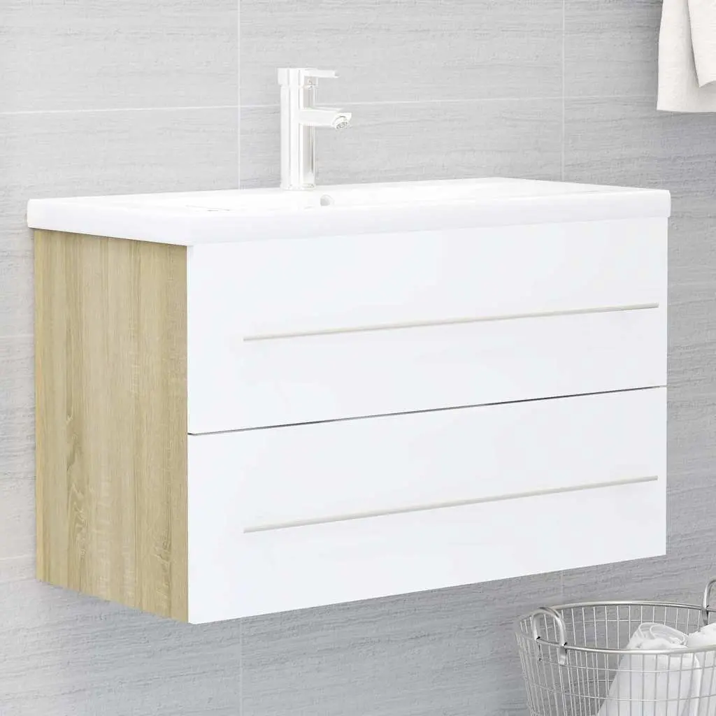 Bathroom Cabinet Set with Mirror Storage Engineered Wood White Sonoma Oak