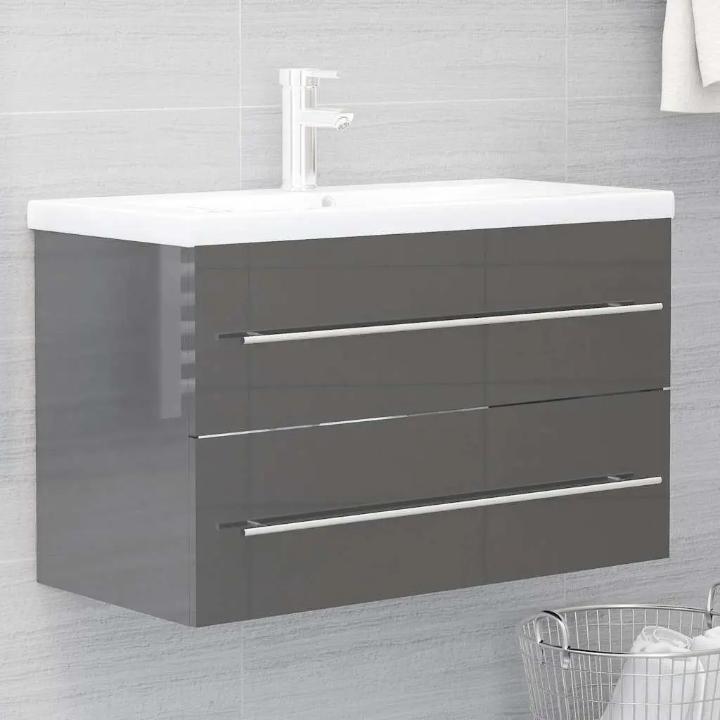 Bathroom Furniture Set Grey High Gloss 2 Piece Mirror Cabinet Engineered Wood