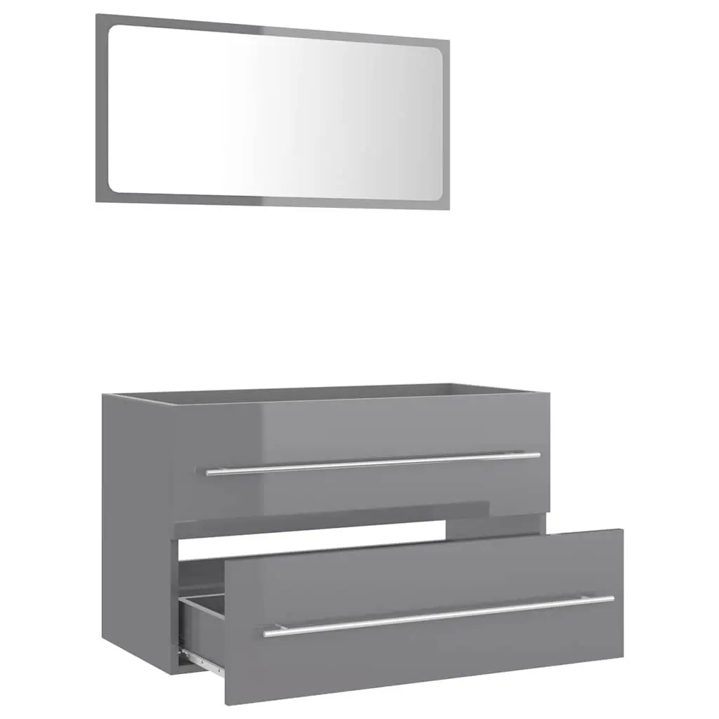 Bathroom Furniture Set Grey High Gloss 2 Piece Mirror Cabinet Engineered Wood