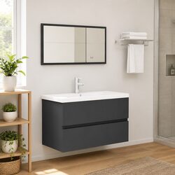 Practical Grey Bathroom Storage Set: Cabinet & Mirror