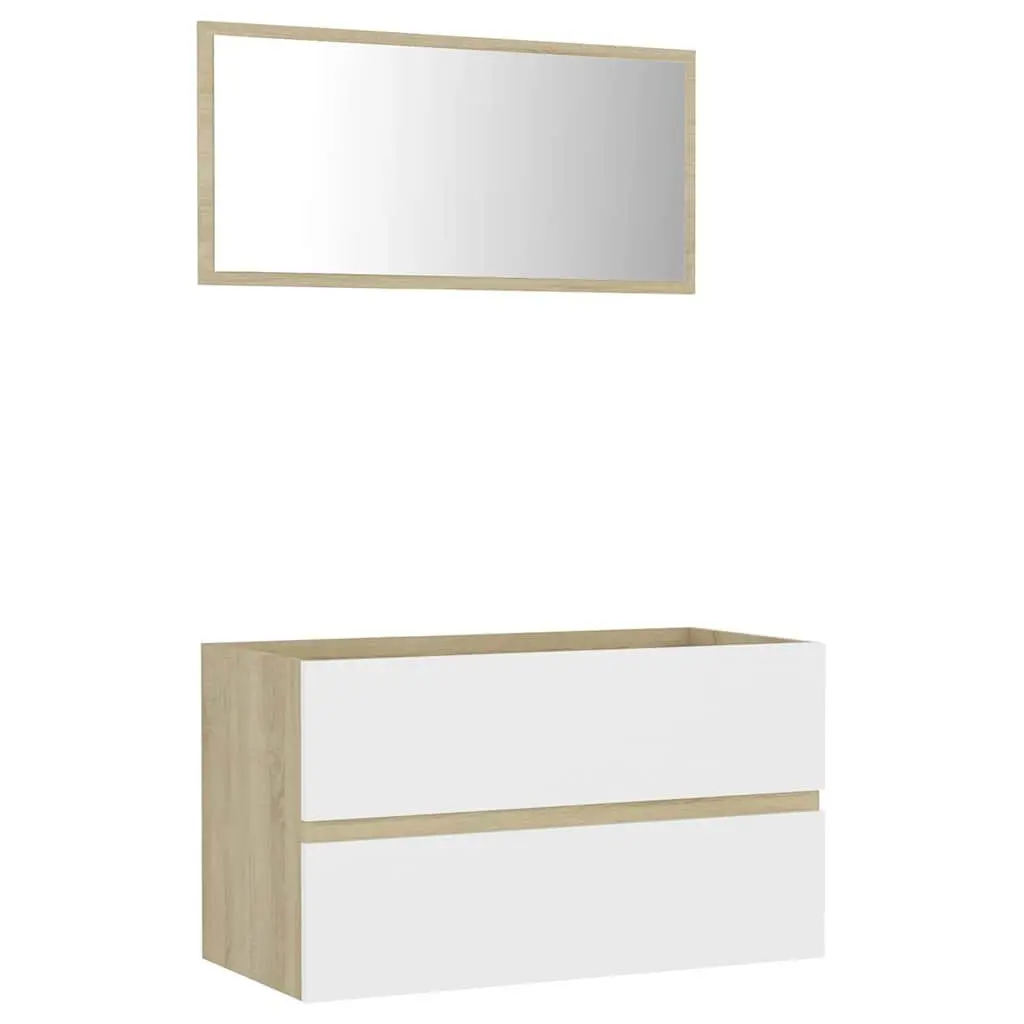 Bathroom Furniture Set 2 Piece Storage Cabinet Mirror White Sonoma Oak