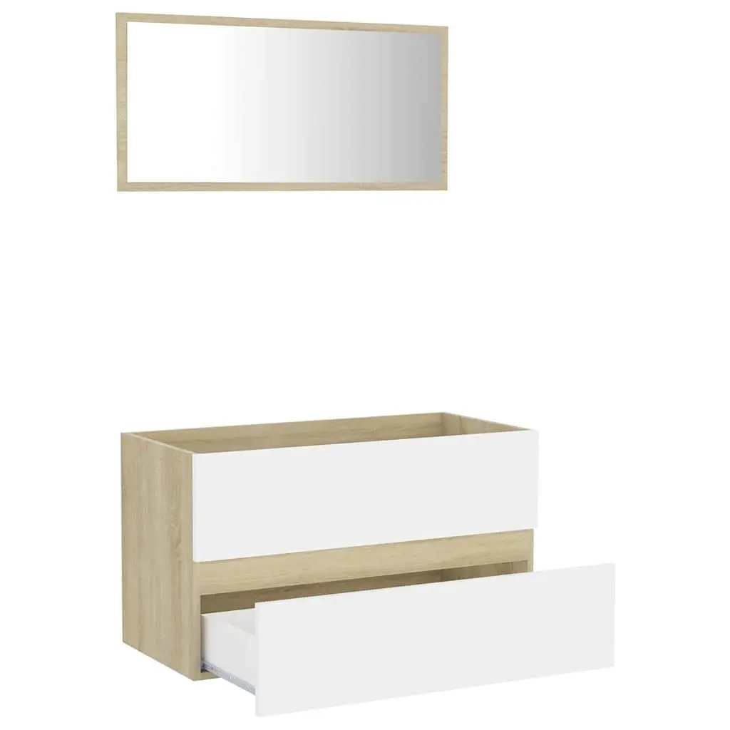 Bathroom Furniture Set 2 Piece Storage Cabinet Mirror White Sonoma Oak