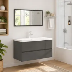 Bathroom Furniture Set Grey High Gloss Cabinet Mirror Engineered Wood Storage