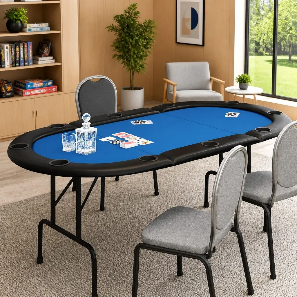 Poker Table 10 Player Folding Game Card Table Blue 207x106x76cm Casino Style