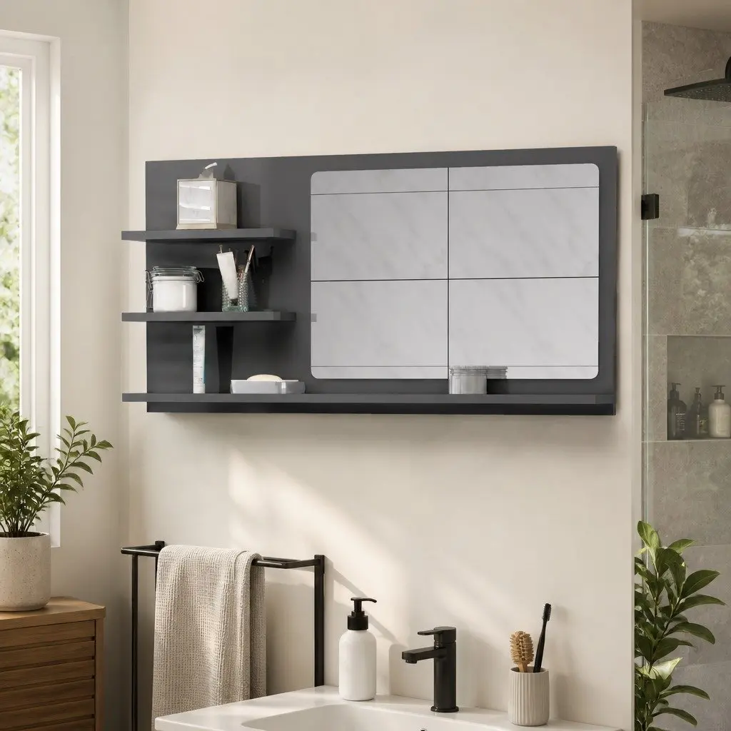 Bathroom Mirror with Storage Shelves Wall Mounted 90W x 10.5D x 45H cm Grey High Gloss