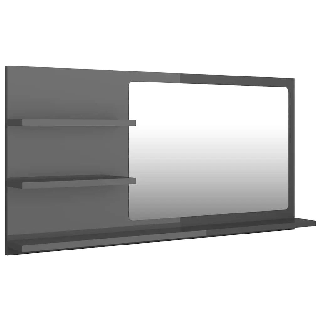 Bathroom Mirror with Storage Shelves Wall Mounted 90W x 10.5D x 45H cm Grey High Gloss