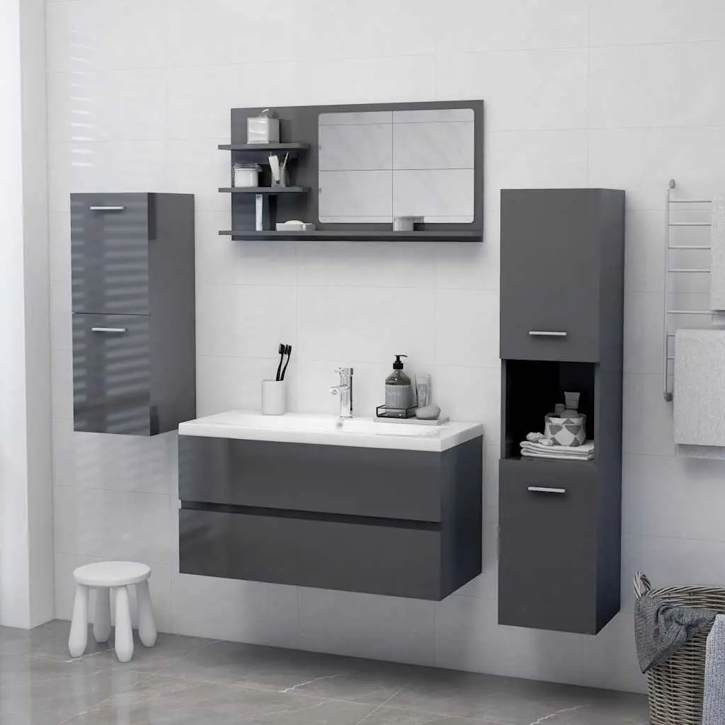 Bathroom Mirror with Storage Shelves Wall Mounted 90W x 10.5D x 45H cm Grey High Gloss