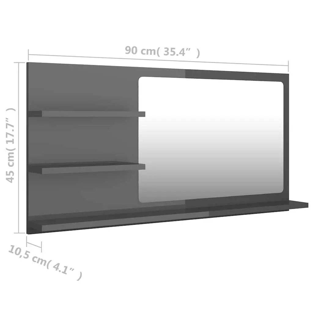Bathroom Mirror with Storage Shelves Wall Mounted 90W x 10.5D x 45H cm Grey High Gloss
