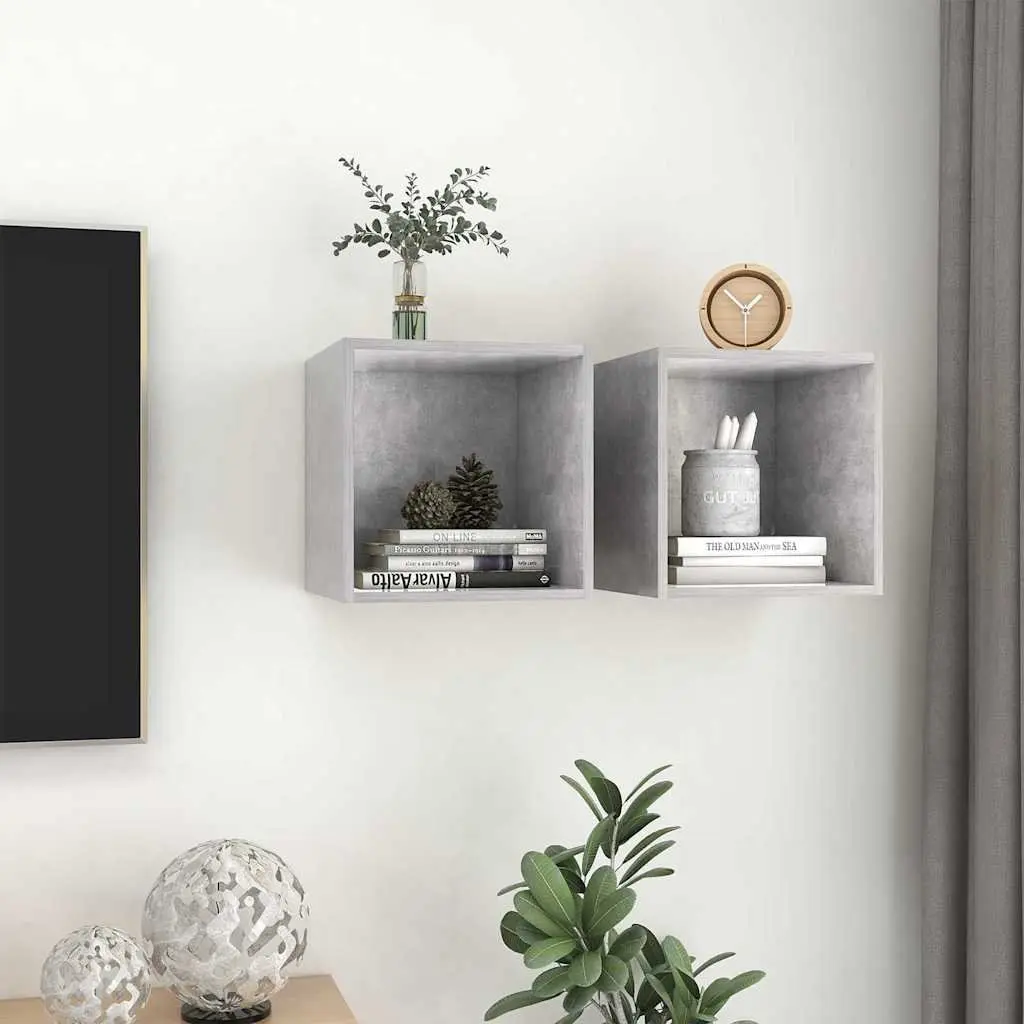 Wall Cabinet Grey 37x37x37 cm Engineered Wood Floating Shelf Storage Unit Pair