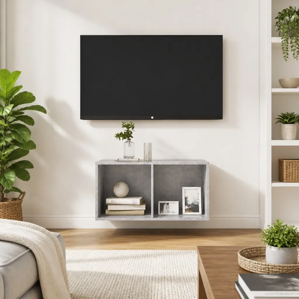 Wall-mounted TV Cabinet Storage Unit Grey Concrete Engineered Wood 37 x 37 x 72 cm