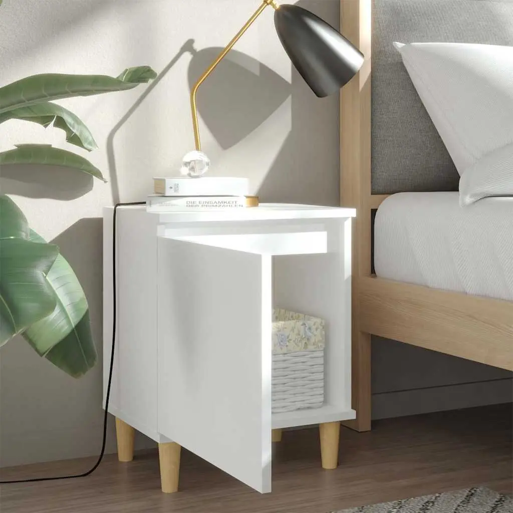 Bedside Table Nightstand with Solid Wood Legs White Storage Cabinet 2 Pieces