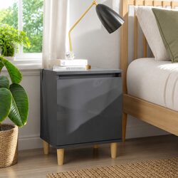 Bedside Table Grey High Gloss Nightstand Cabinet Wooden Legs Storage Compartment