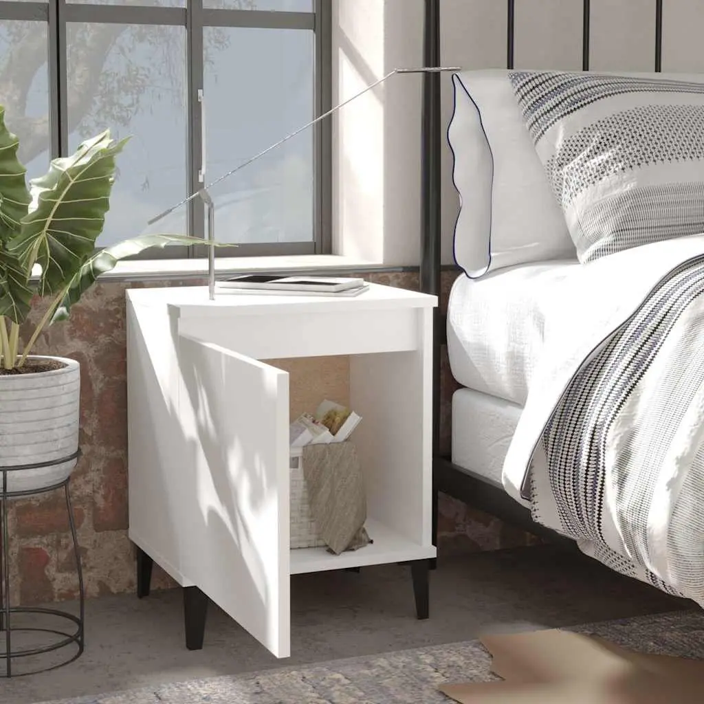 Bedside Table White Metal Legs Nightstand Cabinet Storage Compartment 40x30x50cm
