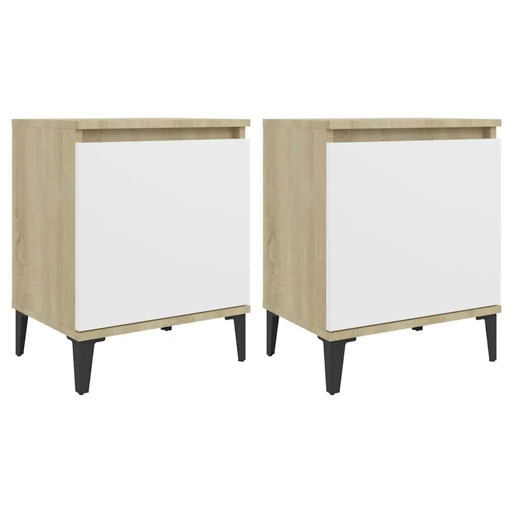 Bedside Table Nightstand Storage Sonoma Oak and White Metal Legs