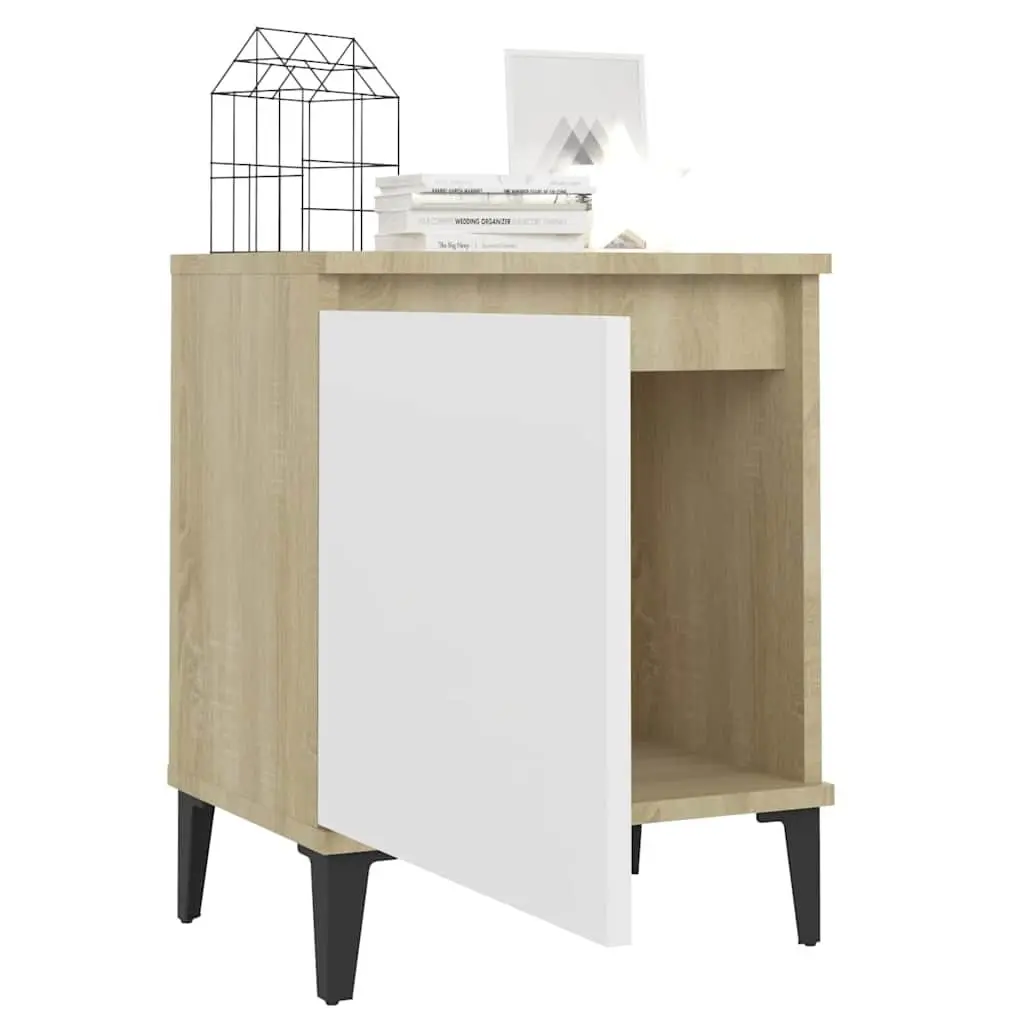 Bedside Table Nightstand Storage Sonoma Oak and White Metal Legs