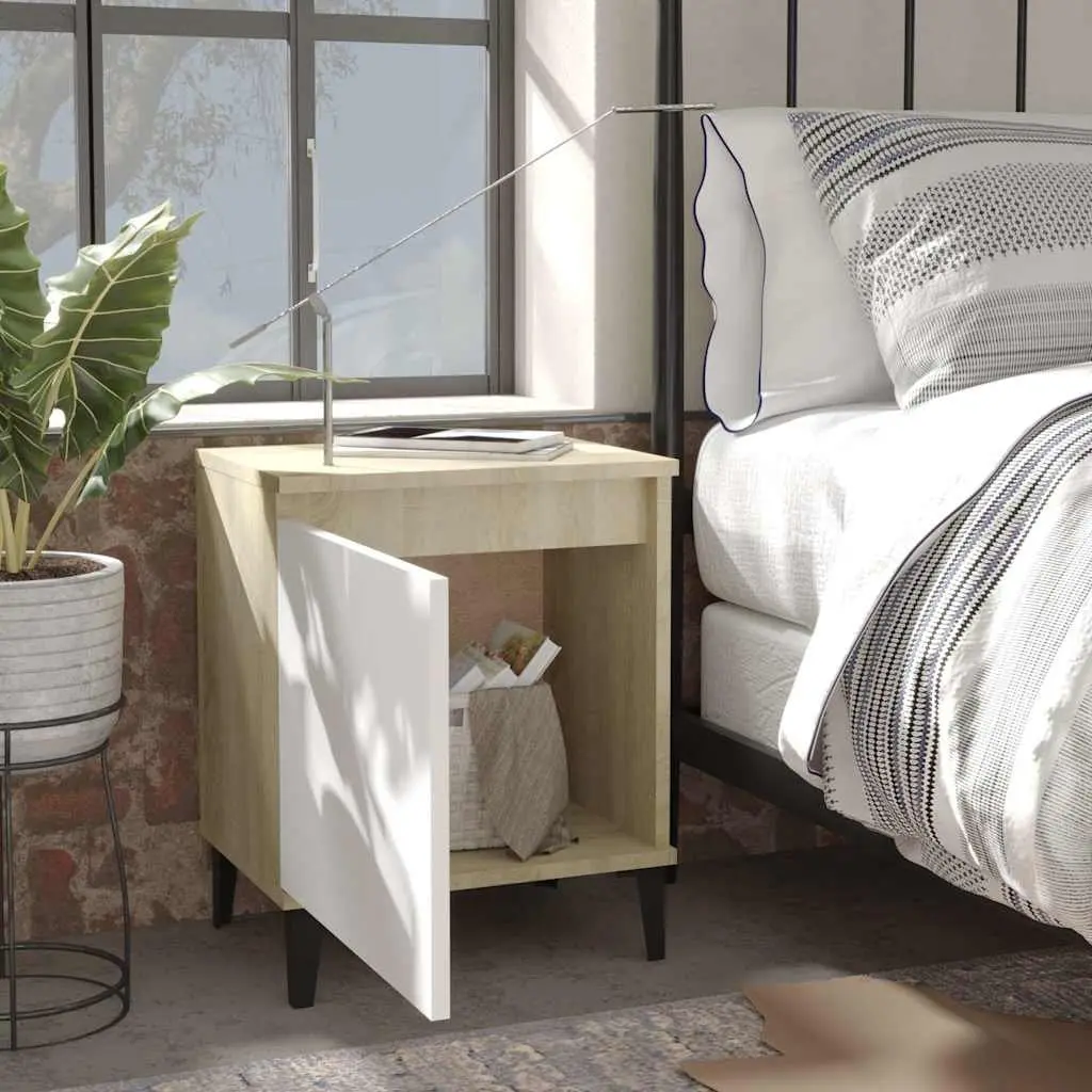 Bedside Table Nightstand Storage Sonoma Oak and White Metal Legs
