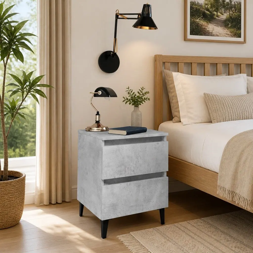 Grey Engineered Wood Bedside Table with Two Drawers for Bedroom Storage
