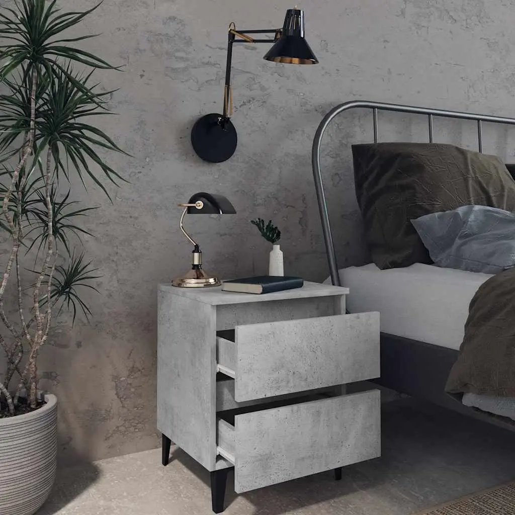 Grey Engineered Wood Bedside Table with Two Drawers for Bedroom Storage