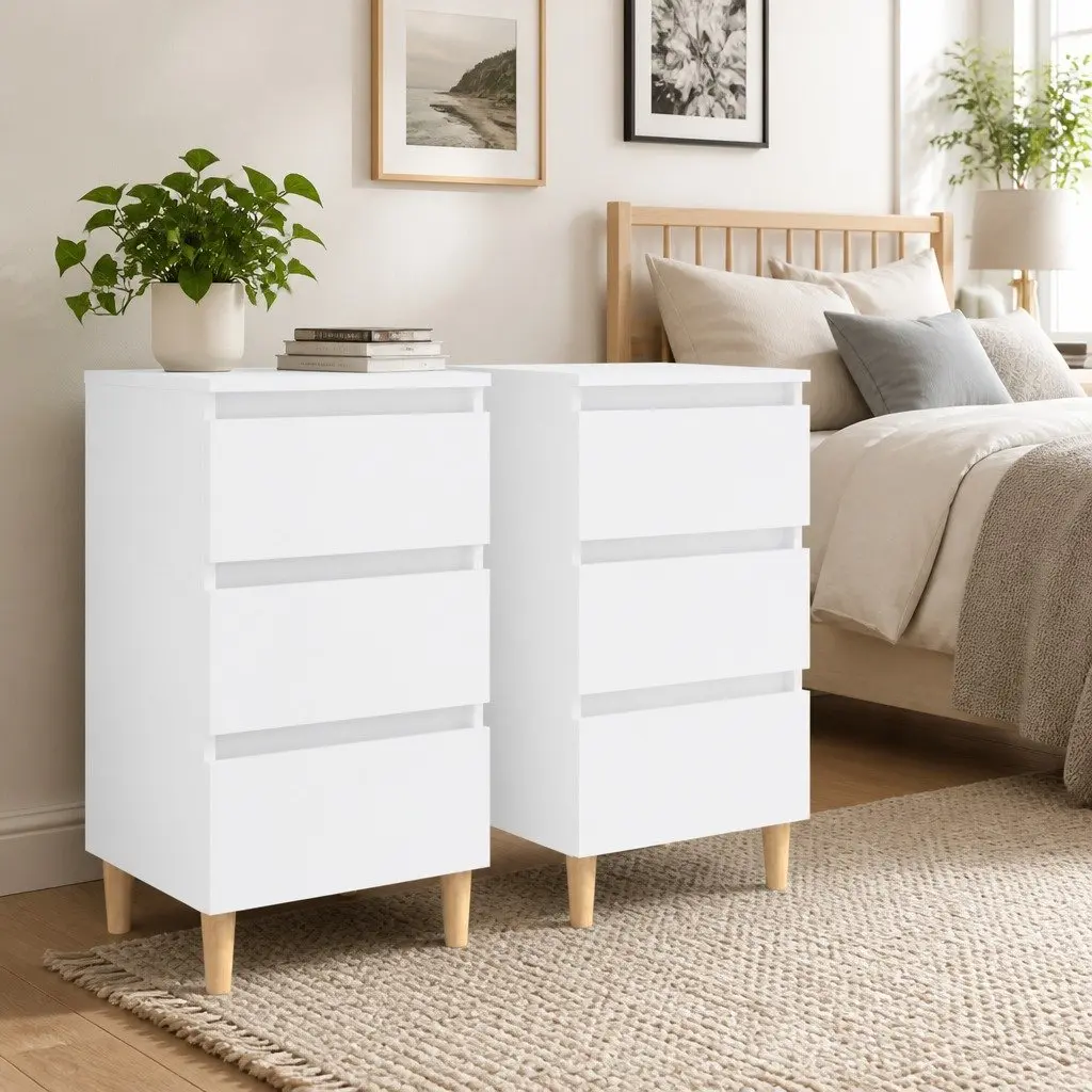 Bedside Tables 2 pcs White Bed Cabinets Nightstands Solid Wood Legs 40x35x69cm