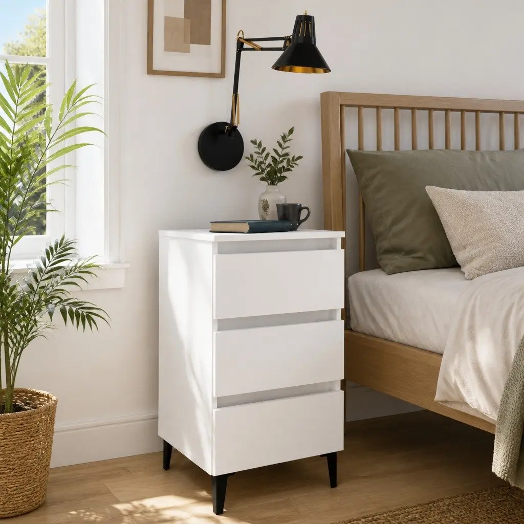 Bedside Table Bed Cabinet White 40x35x69cm Nightstand Metal Legs 3 Drawers