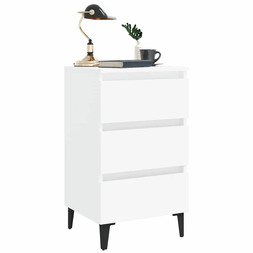 Bedside Table Bed Cabinet White 40x35x69cm Nightstand Metal Legs 3 Drawers