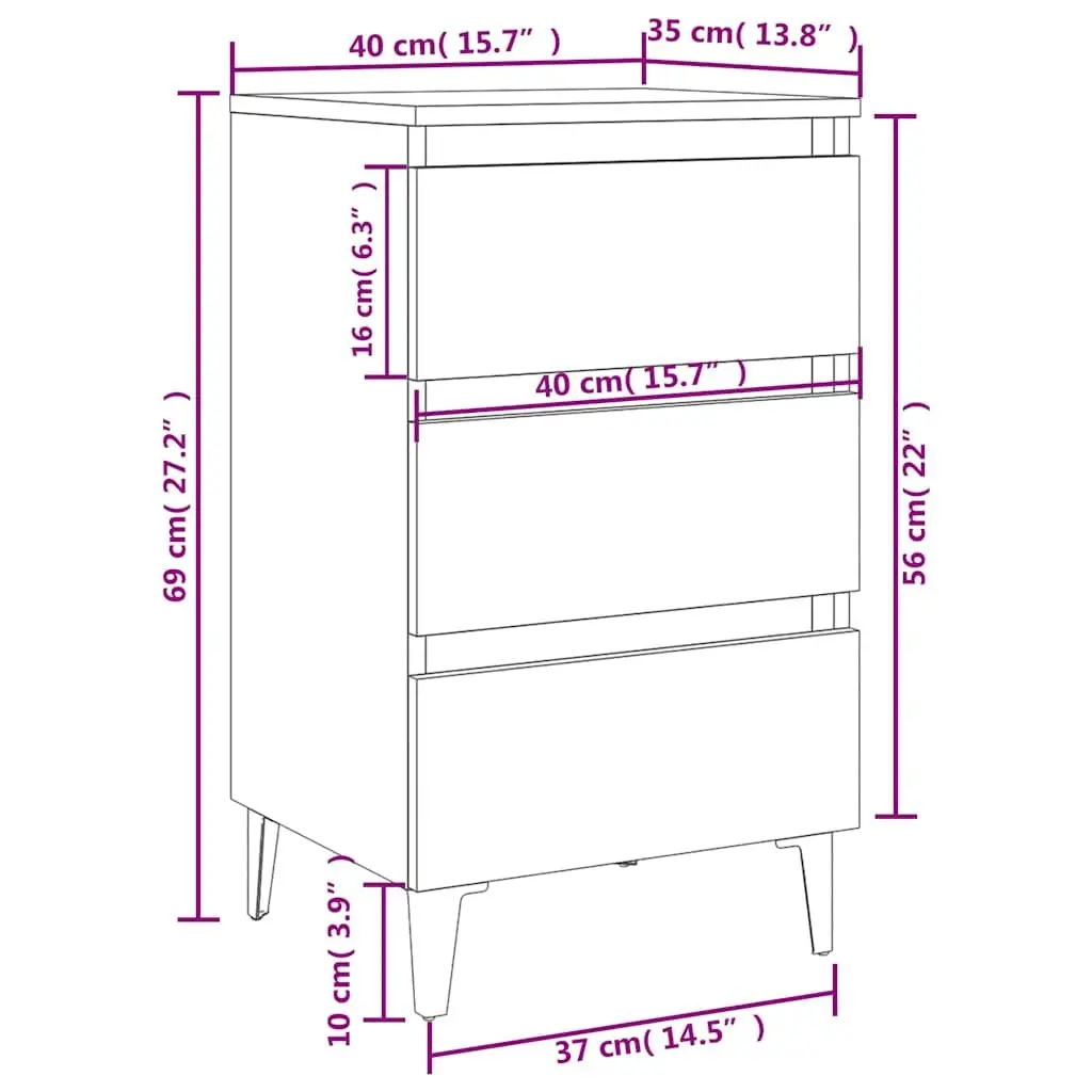 Bedside Table Bed Cabinet White 40x35x69cm Nightstand Metal Legs 3 Drawers