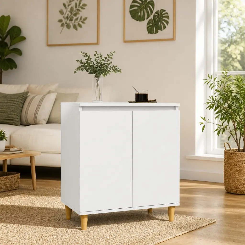 Sideboard White Storage Cabinet with Wood Legs 60x35x70cm Engineered Wood Buffet