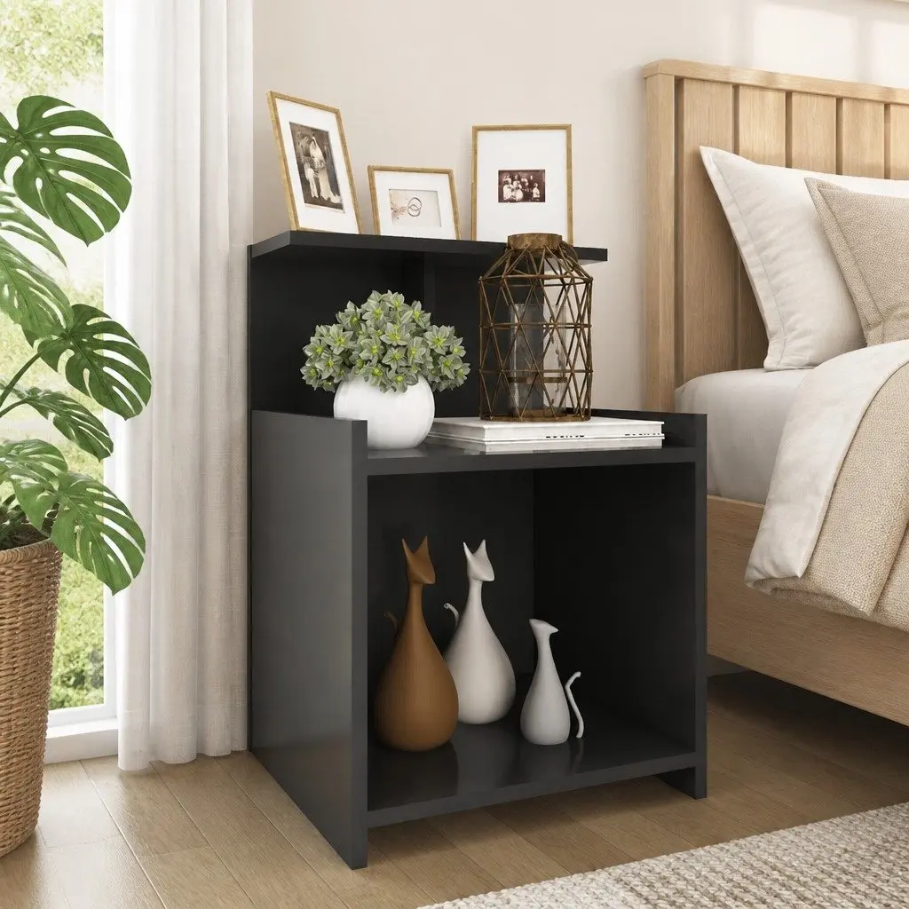 Bedside Table Grey Bed Cabinet 40x35x60cm Nightstand with 3 Open Shelves