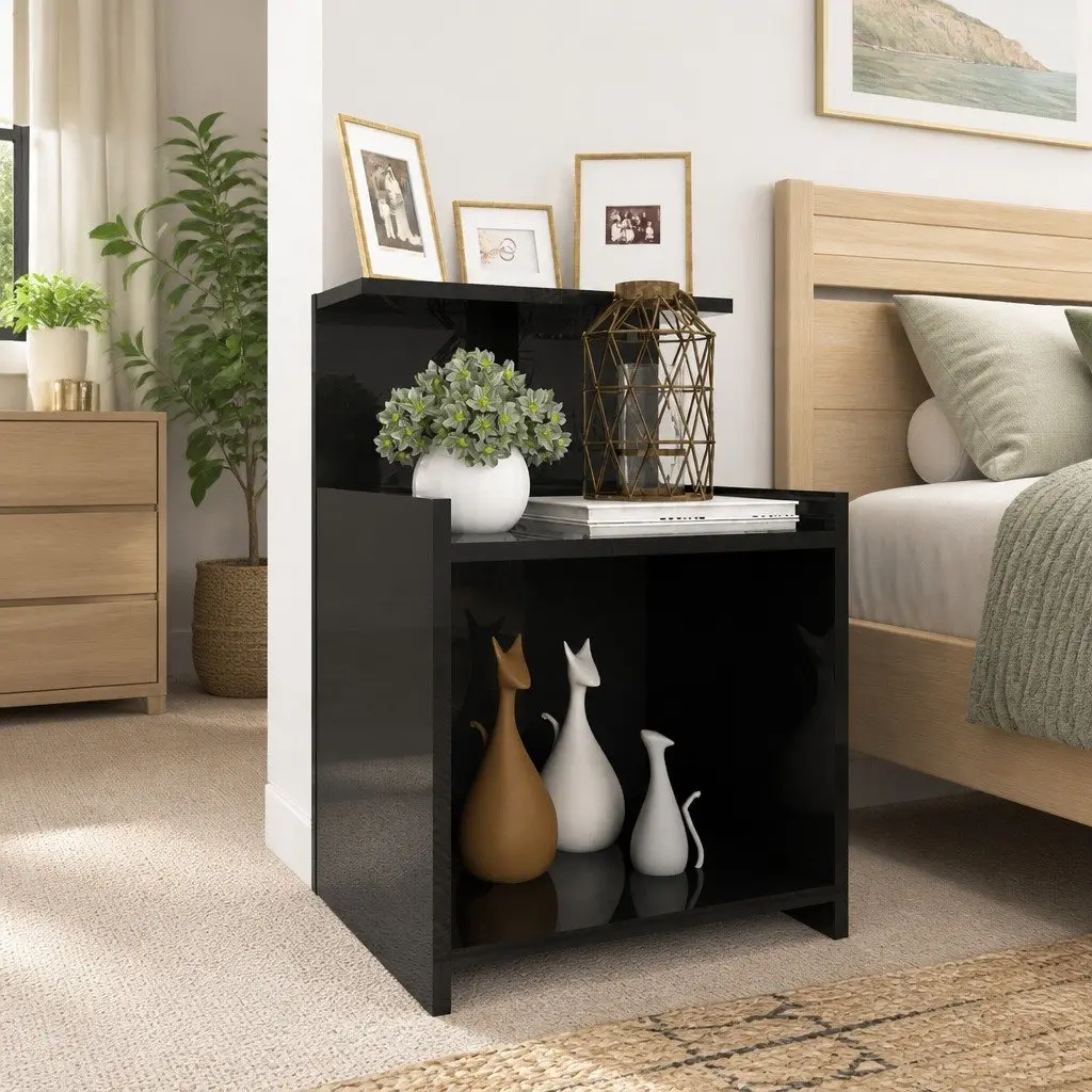 Bedside Table Black High Gloss 3 Open Shelves Nightstand Storage Cabinet