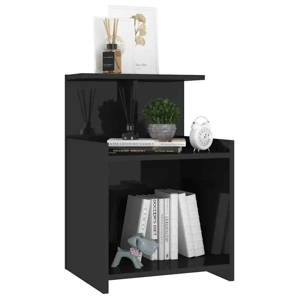 Bedside Table Black High Gloss 3 Open Shelves Nightstand Storage Cabinet