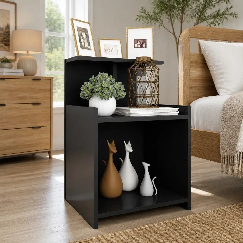 Bedside Table Nightstand Grey 3 Open Shelves