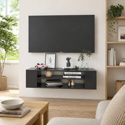 Hanging TV Cabinet Wall-Mounted Grey Storage Unit Open Compartments Lowboard