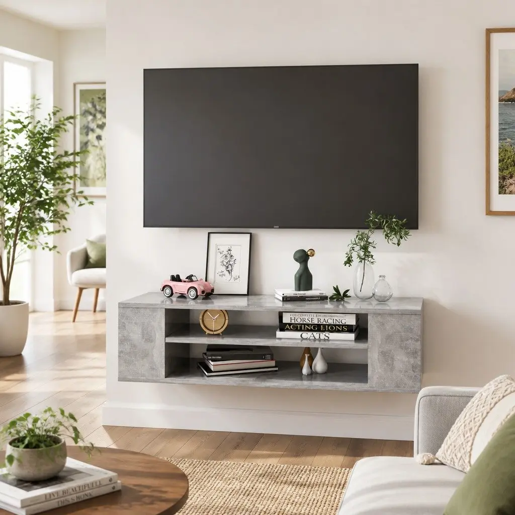 Grey Wall-Mounted TV Cabinet with Storage Solutions