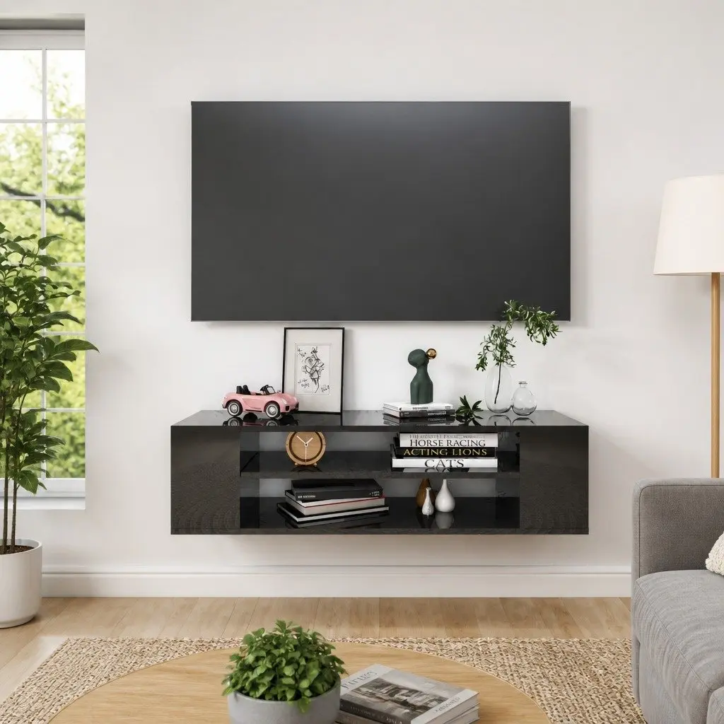 Hanging TV Cabinet Wall-Mounted Storage Unit High Gloss Black 100 x 30 x 26.5 cm