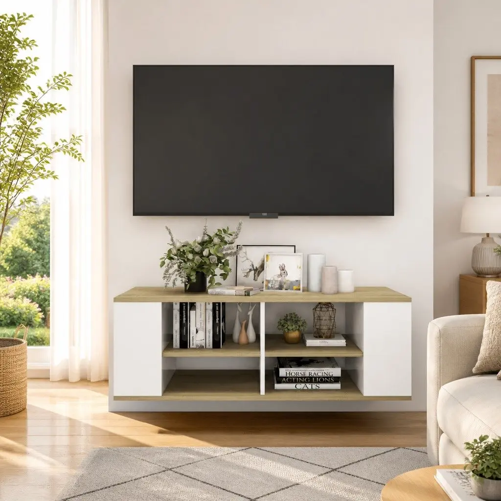 Wall-Mounted TV Cabinet White Sonoma Oak Storage Shelves Living Room Media Unit