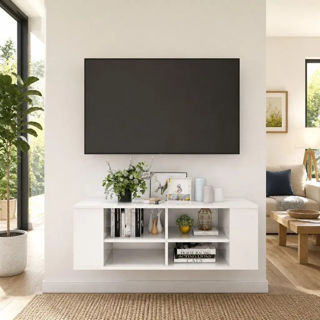 White Wall-Mounted TV Cabinet Floating Storage Unit Shelves Organiser