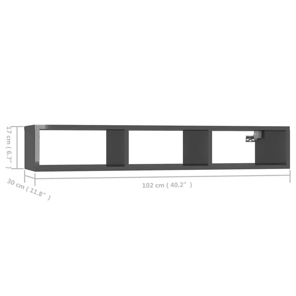 Wall Shelf Grey High Gloss Organiser 102 x 30 x 17 cm 3 Compartments Floating Cabinet Storage