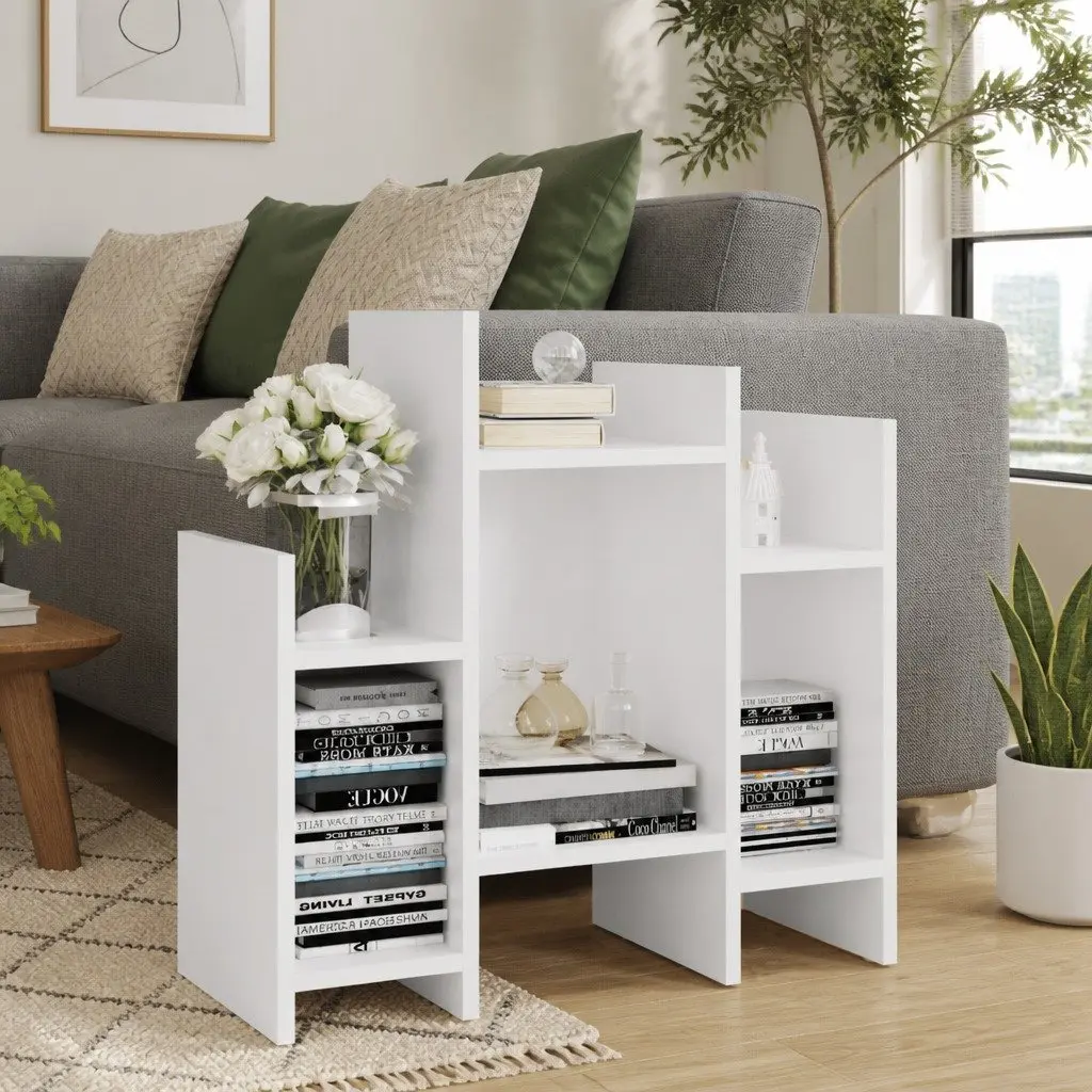Side Cabinet White Storage Furniture 6 Shelves Engineered Wood Organiser Unit
