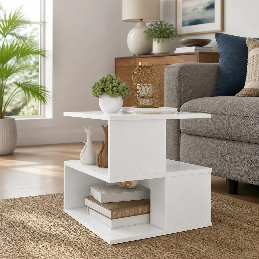 White End Table with 2 Shelves Modern Accent Storage Side Table Furniture