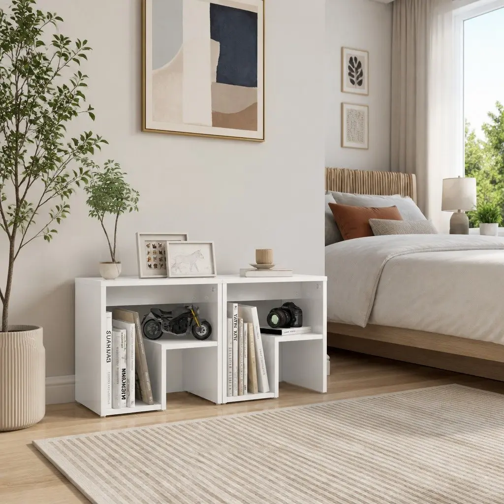 Storage with Two Glossy White Nightstands