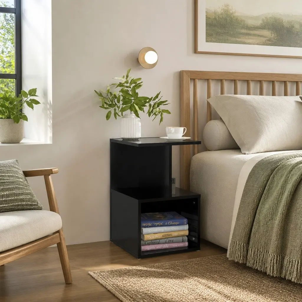 Black Nightstand with Open Storage Options