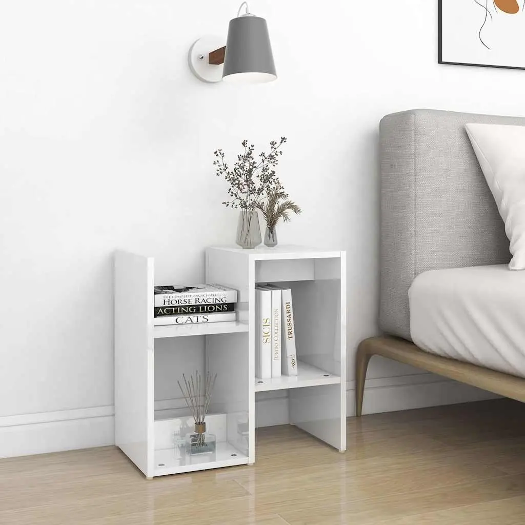 Bedside Cabinet Set 2 pcs White High Gloss Storage Nightstand Open Compartments