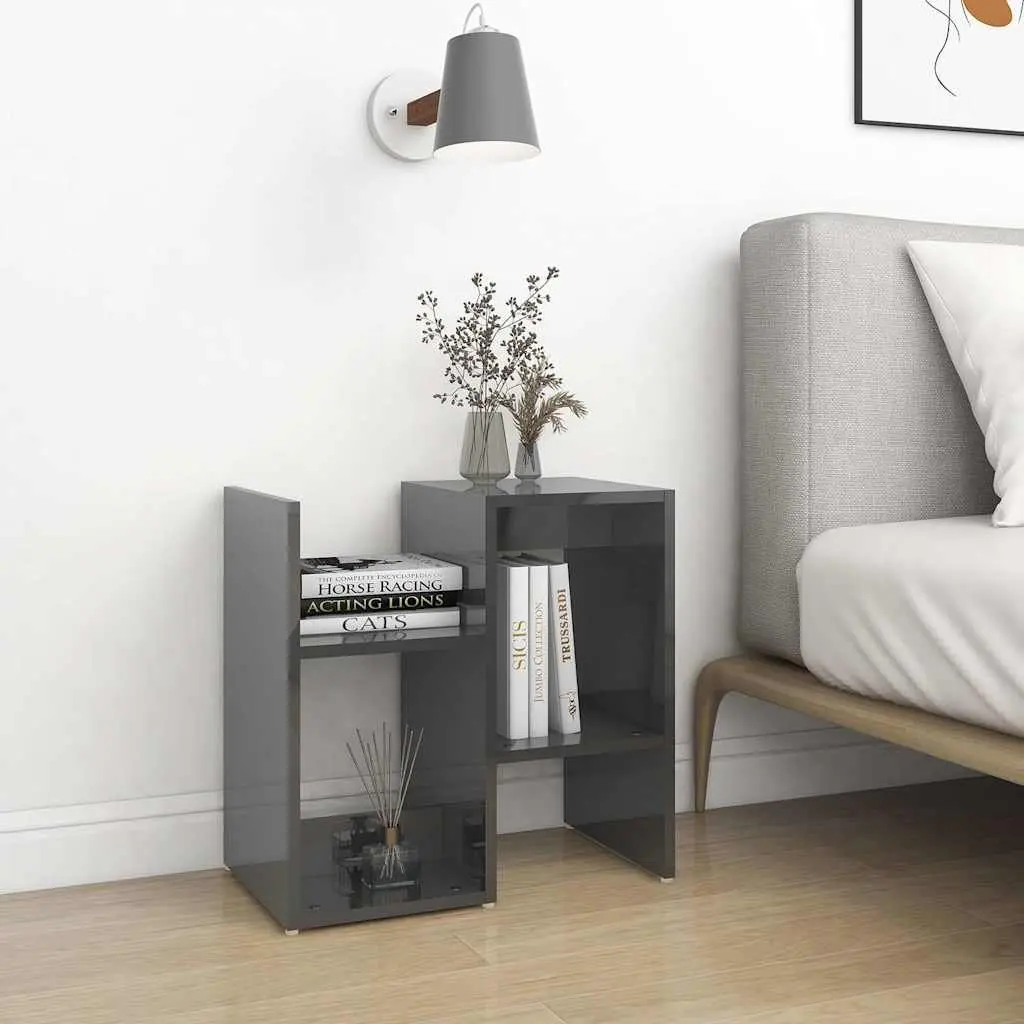 Bedside Cabinet Set 2 pcs Grey High Gloss Storage Nightstand Open Compartments