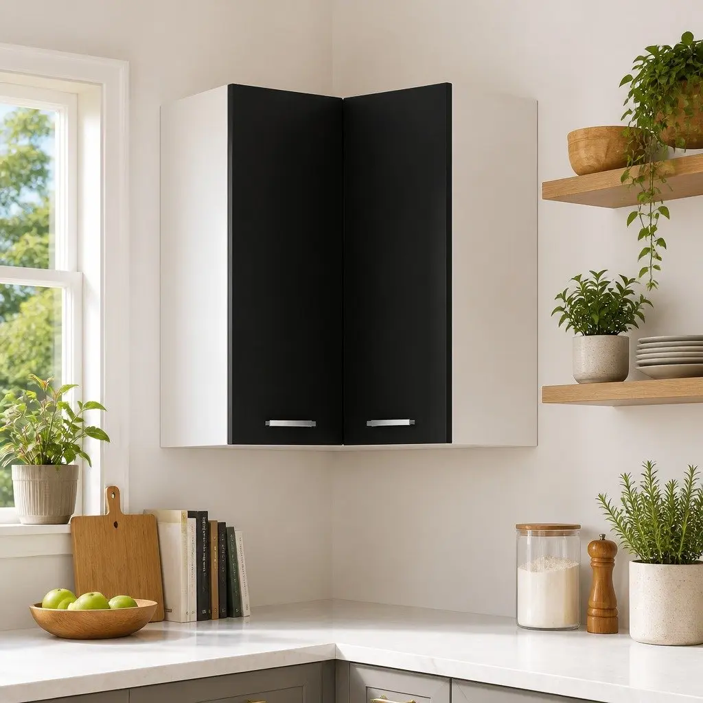Hanging Corner Kitchen Cabinet Storage Unit with Two Shelves Black