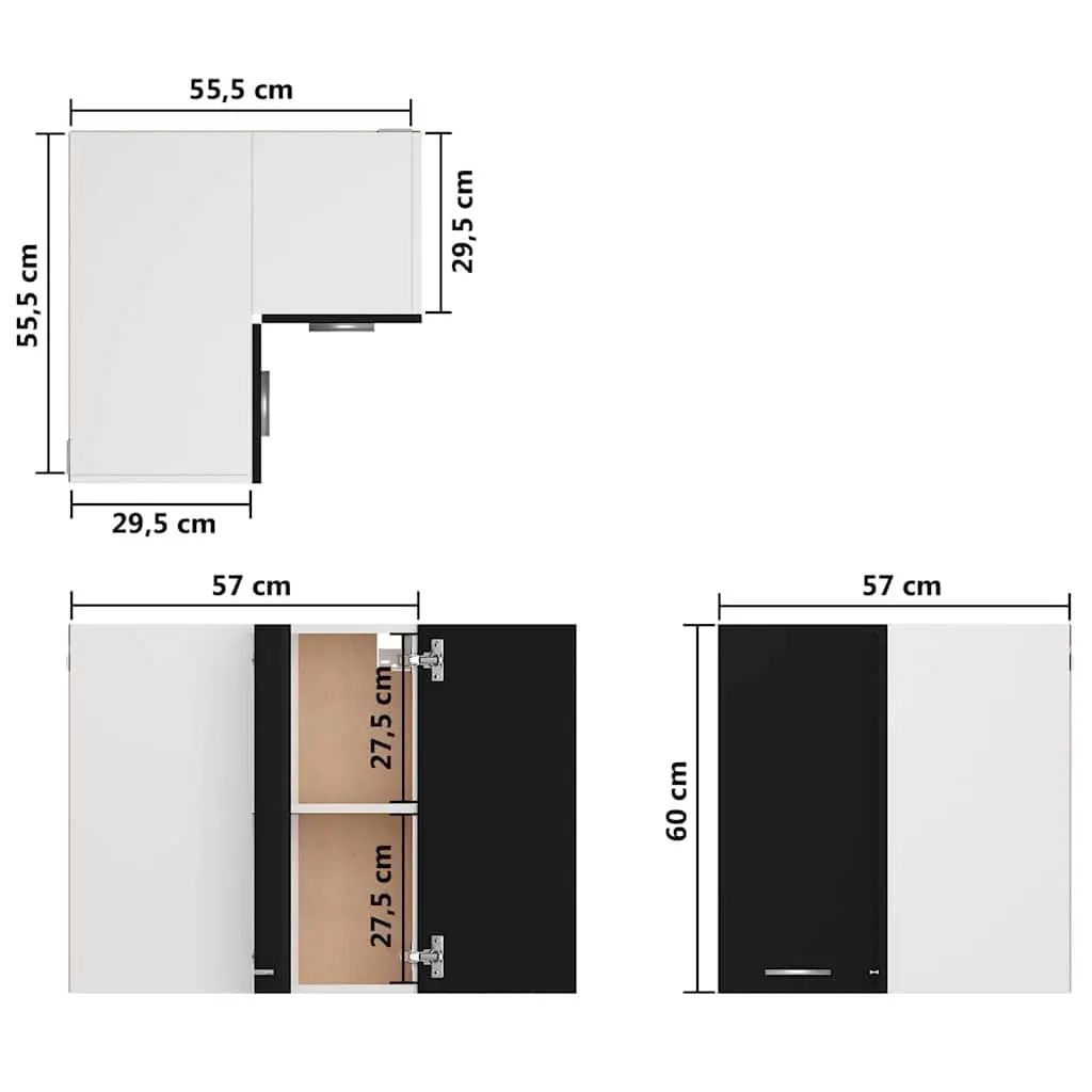 Hanging Corner Kitchen Cabinet Storage Unit with Two Shelves Black