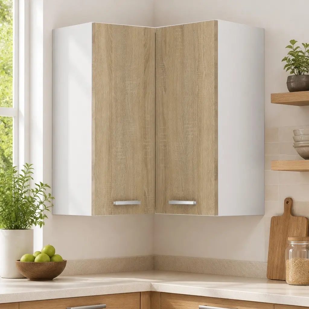 Hanging Corner Kitchen Cabinet Storage Two Shelves Brown 57 x 57 x 60 cm