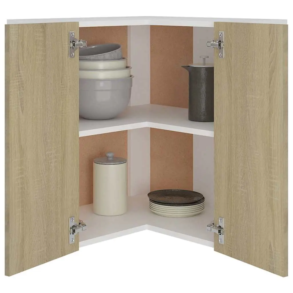 Hanging Corner Kitchen Cabinet Storage Two Shelves Brown 57 x 57 x 60 cm
