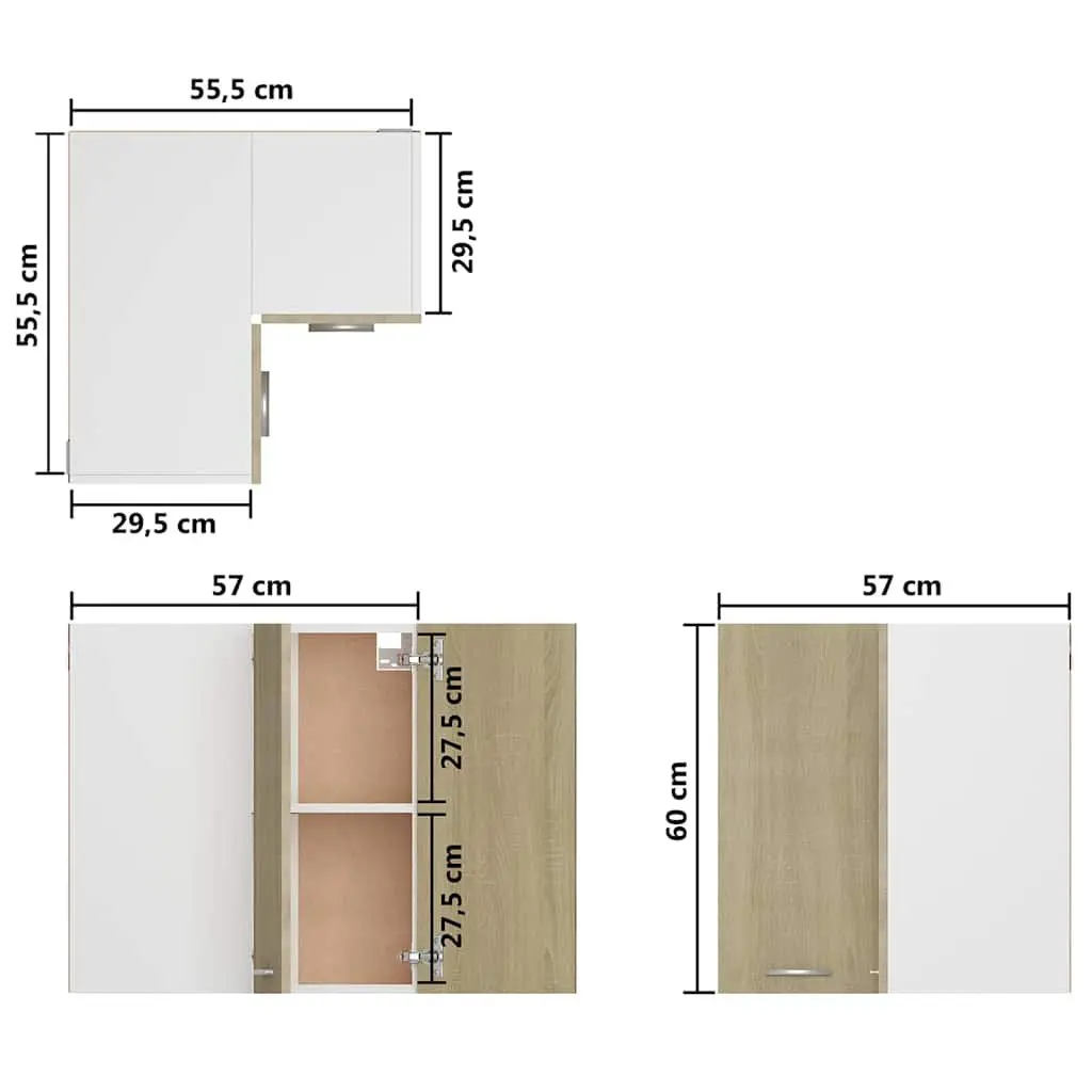Hanging Corner Kitchen Cabinet Storage Two Shelves Brown 57 x 57 x 60 cm