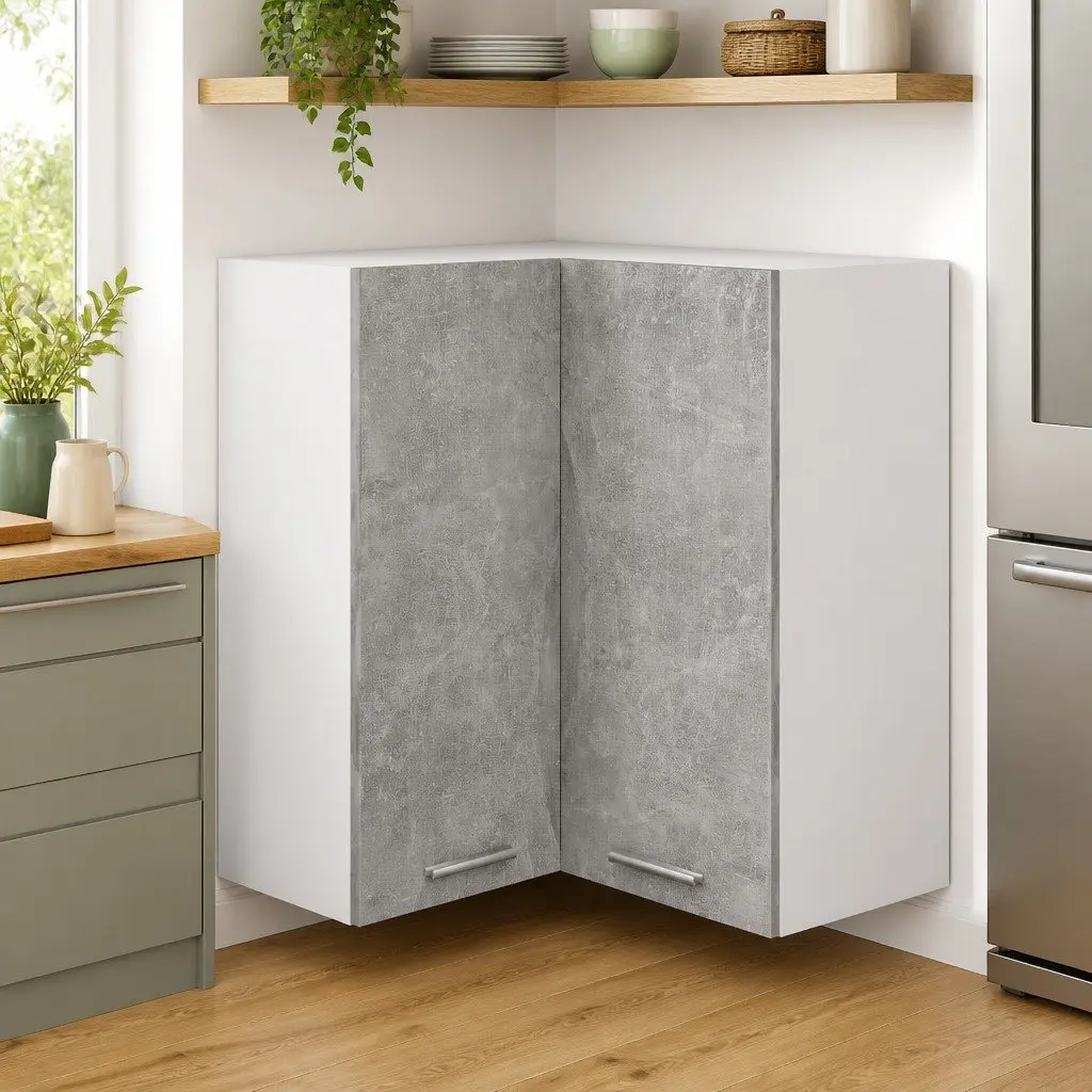 Corner Kitchen Cabinet Grey Wall Mount Storage Unit 57W x 57D x 60H cm